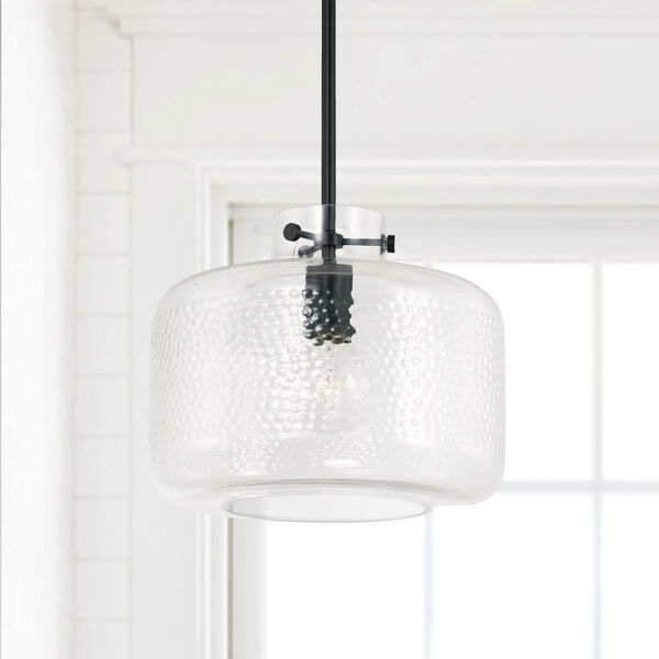 Brighton Matte Black One-Light Pendant with Clear Pebbled Glass, image 2