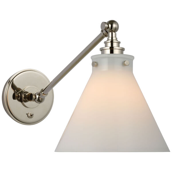 Parkington Single Library Wall Light in Polished Nickel with White Glass by Chapman  and  Myers, image 1