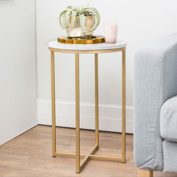 16-Inch Round Side Table - Marble/Gold, image 2