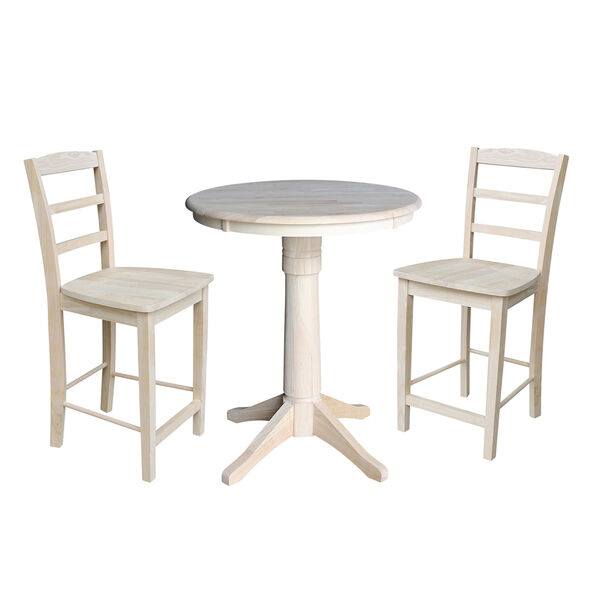 Unfinished 30-Inch Straight Pedestal Counter Height Table with Two Madrid Stools, image 1