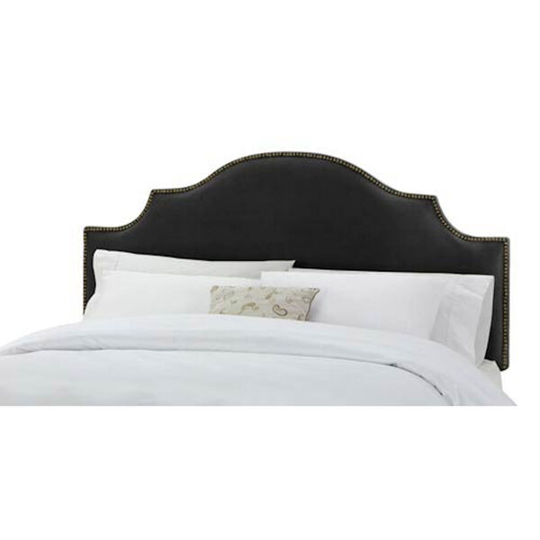 Velvet Black Full/Queen Nail Button Notched Headboard, image 1