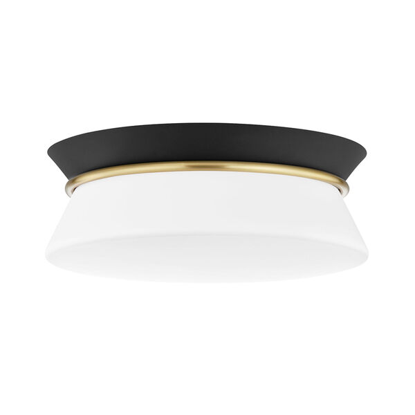 Cath Aged Brass and Black Two-Light Flush Mount with Opal Etched Glass, image 1