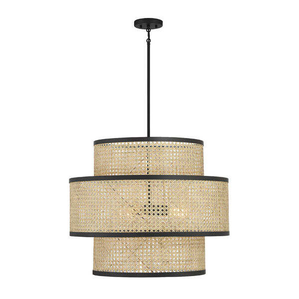 Lowry Natural Cane and Matte Black Three-Light Pendant, image 1