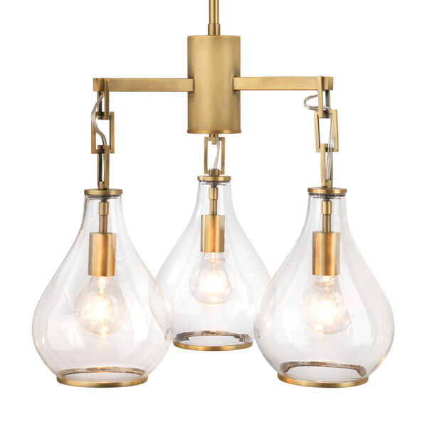 Tear Clear Glass and Soft Antique Brass Three-Light Chandelier, image 2