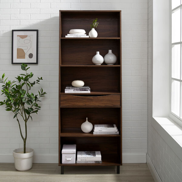 Ryder Dark Walnut Five-Shelf Bookcase with Drawer, image 4