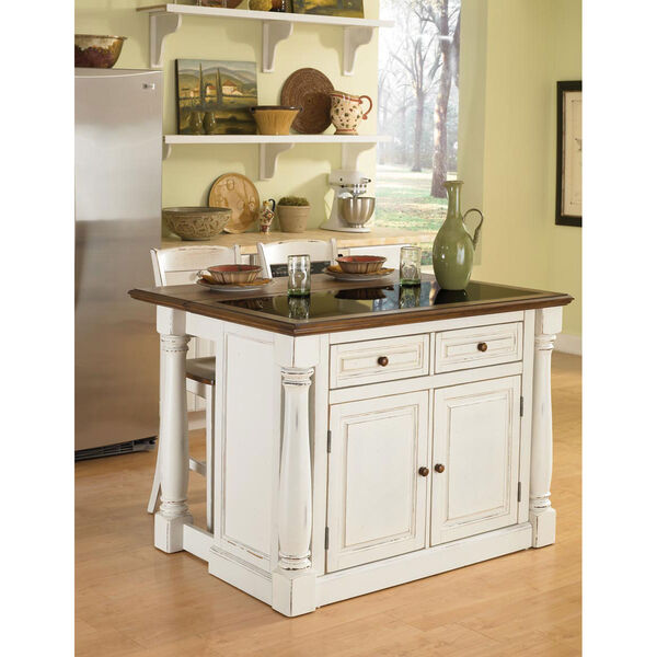 Monarch Antiqued White Kitchen Island and Two Stools, image 1