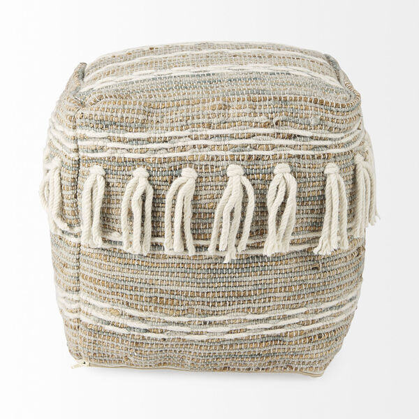 Avni Cream and Brown Hemp and Wool Fringed Pouf, image 4