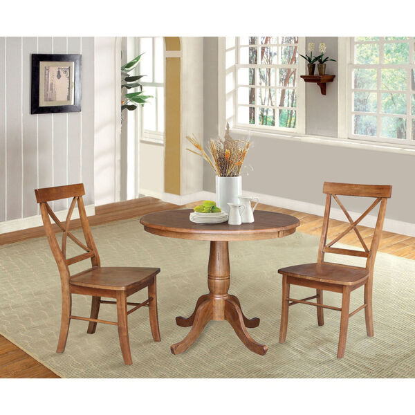 Distressed Oak 29-Inch Round Extension Dining Table with Two X-Back Chair, image 3