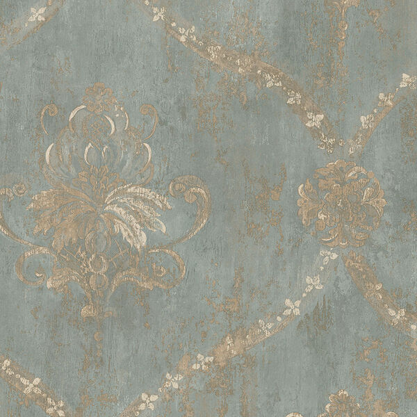 Regal Damask Metallic Gold and Turquoise Wallpaper - SAMPLE SWATCH ONLY, image 1