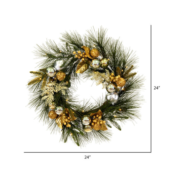 Green 24 In. Artificial Christmas Wreath with Battery Operated Warm White Lights, image 4