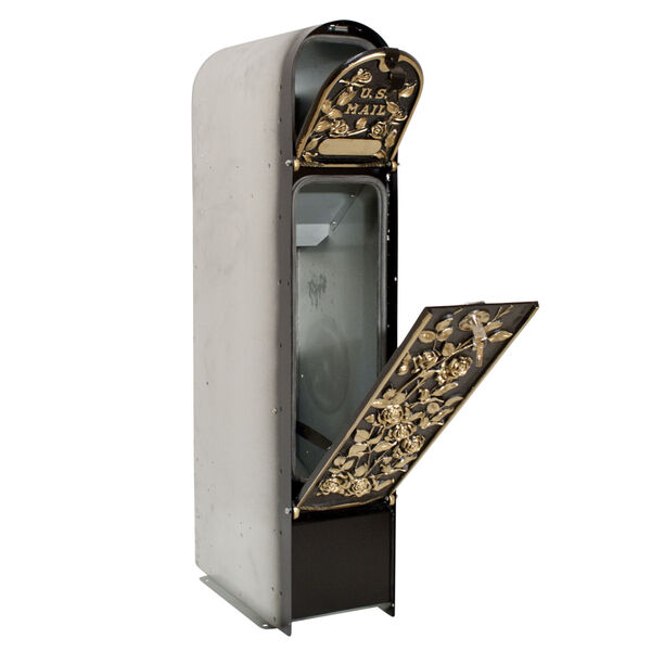 MailKeeper 100 Black and Gold 49-Inch Locking Column Mount Mailbox with Decorative Morning Rose Design Front, image 1