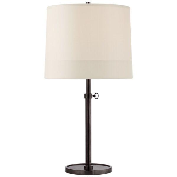 Simple Adjustable Table Lamp in Bronze with Silk Banded Shade by Barbara Barry, image 1
