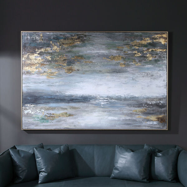 Dawn to Dusk Gray, White, Blue, Green and Gold Leaf Hand Painted Art, image 1