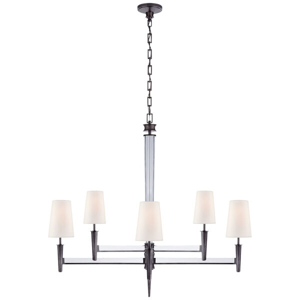 Lyra Two Tier Chandelier in Bronze and Crystal with Linen Shades by Thomas O'Brien, image 1