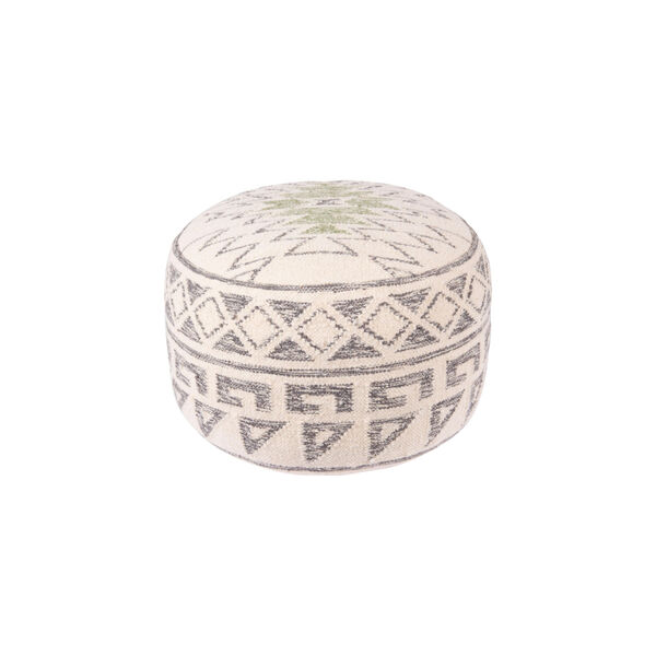 Cream, Grey, and Green Round Wool Blend Kilim Pouf, image 6