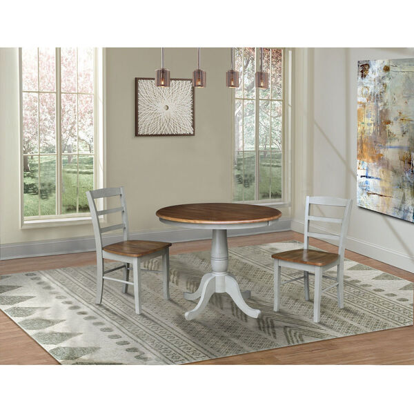 Distressed Hickory and Stone 36-Inch Round Extension Dining Table with Two Ladderback Chair, Three-Piece, image 1