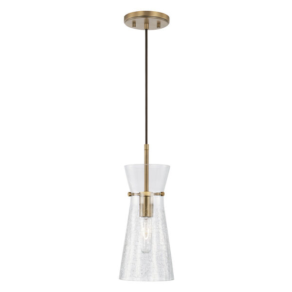 Mila Aged Brass One-Light Mini Pendant with Clear Half-Crackle Tapered Glass, image 1