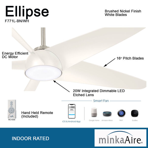 Ellipse Brushed Nickel with White 60-Inch LED Smart Ceiling Fan, image 4