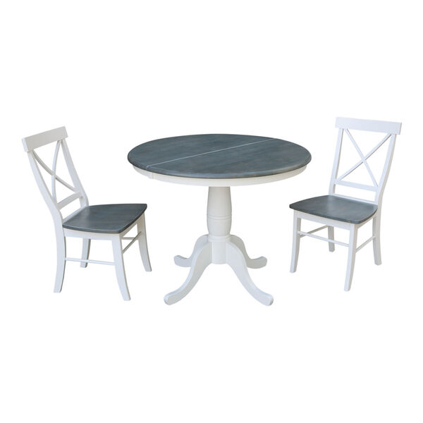 White and Heather Gray 36-Inch Round Extension Dining Table With Two X-Back Chairs, Three-Piece, image 1
