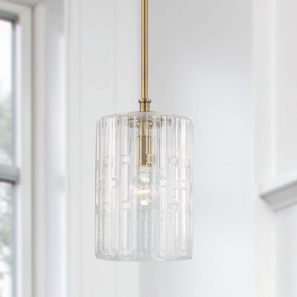 Emerson Aged Brass One-Light Mini Pendant with Embossed Seeded Glass, image 2