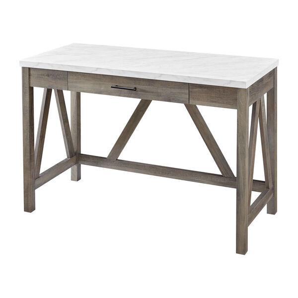 A-Frame Faux White Marble and Grey Wash 46-Inch Computer Desk with Drawer, image 4
