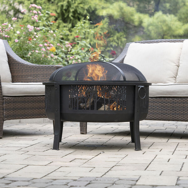 Black 33-Inch Round Barrel Fire Pit with Decorative Mesh Center, image 2