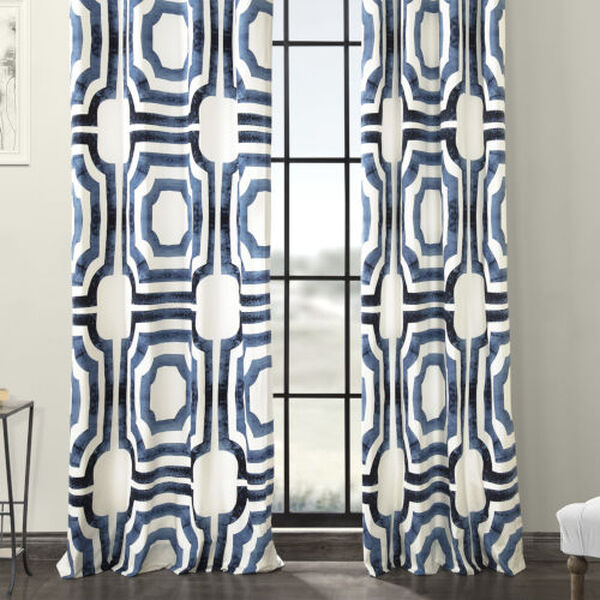 Blue and White Grommet Printed Cotton Curtain Single Panel, image 4
