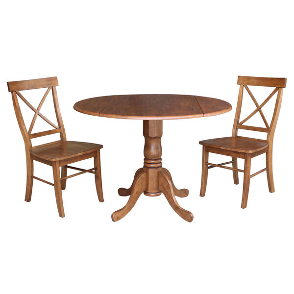 Distressed Oak 42-Inch Dual Drop Leaf Pedestal Table with Two X-Back Side Chair, image 1