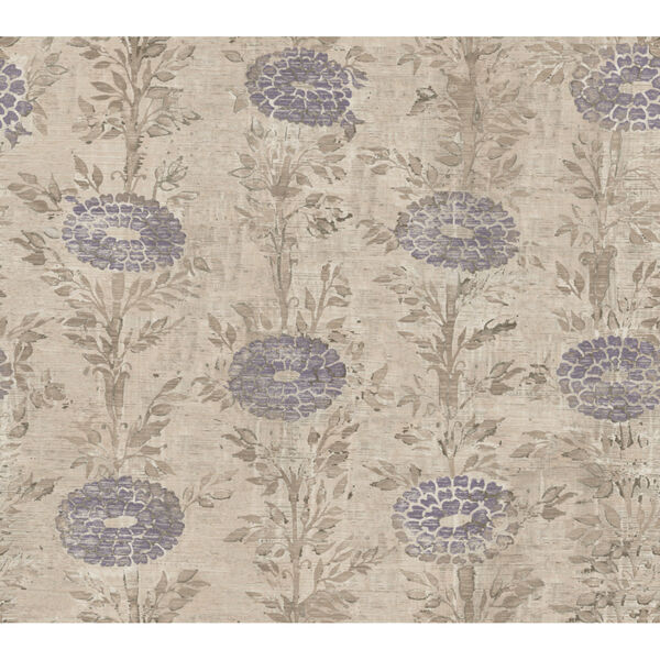 Ronald Redding Tea Garden Tan and Purple French Marigold Wallpaper, image 2
