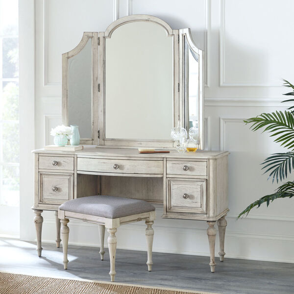 Highland Park Distressed Rustic Ivory Vanity Mirror and Bench, image 1