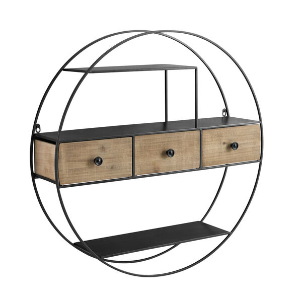 Kobe Black and Natural Wood Round Wall Shelf with Three Drawer, image 4
