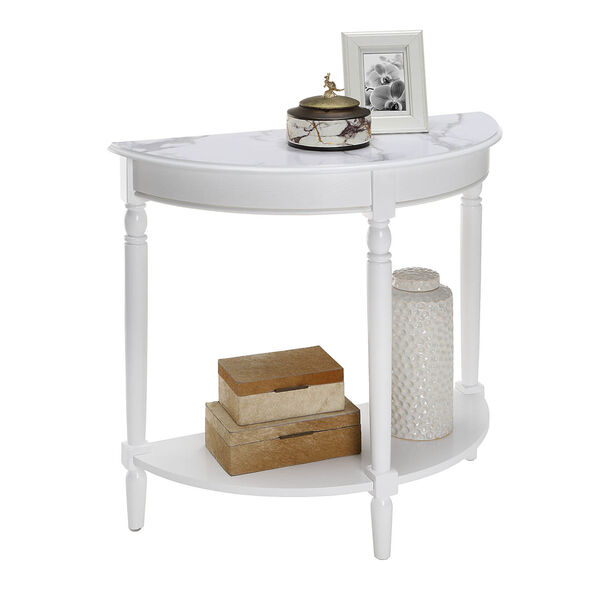French Country White Faux Marble White Half-Round Entryway Table with Shelf, image 3