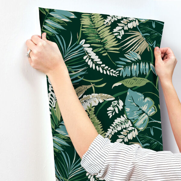 Tropics Dark Green Tropical Toss Pre Pasted Wallpaper - SAMPLE SWATCH ONLY, image 3