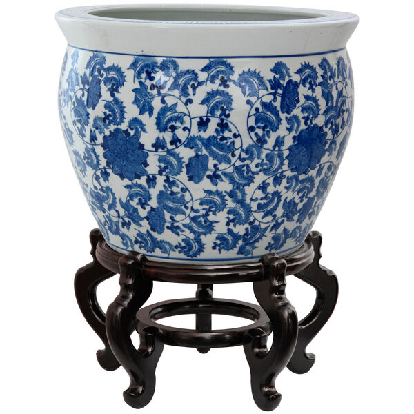 16 Inch Porcelain Fishbowl Blue and White Floral, image 1