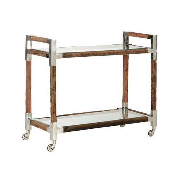Rustic Glam Rough Wood and Polished Nickel Large Bar Cart, image 1
