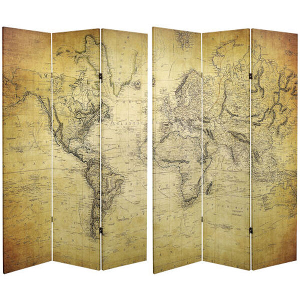 Tall Double Sided Vintage World Map Yellow Canvas Room Divider, image 1