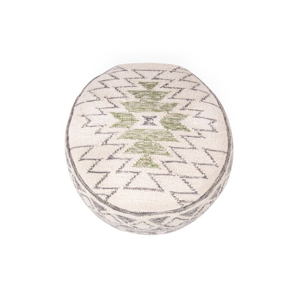 Cream, Grey, and Green Round Wool Blend Kilim Pouf, image 4