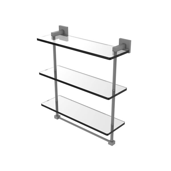 Montero Matte Gray 16-Inch Triple Tiered Glass Shelf with Integrated Towel Bar, image 1