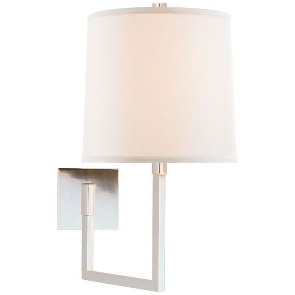 Aspect Large Articulating Sconce in Soft Silver with Ivory Linen Shade by Barbara Barry, image 1