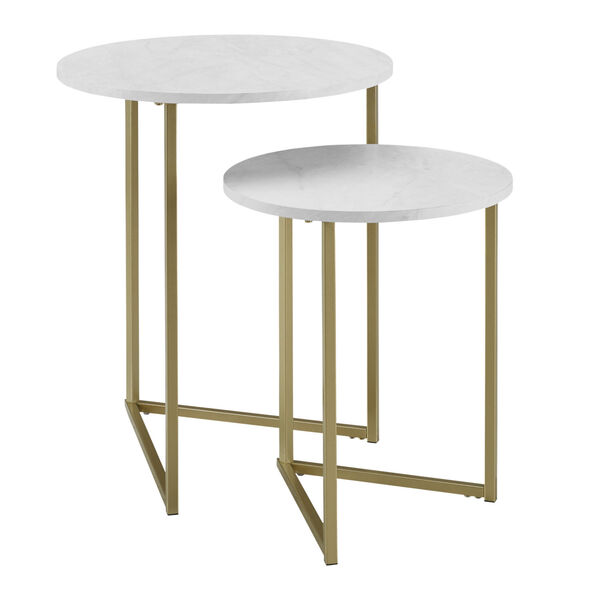 White Faux and Gold 20-Inch Two-Piece V-Leg Nesting Side Tables, image 1