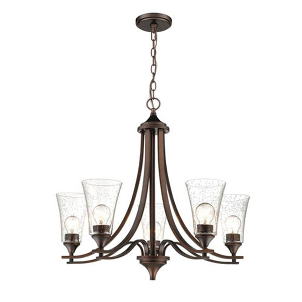 Natalie Rubbed Bronze Five-Light Chandelier with Clear Seeded Glass, image 1