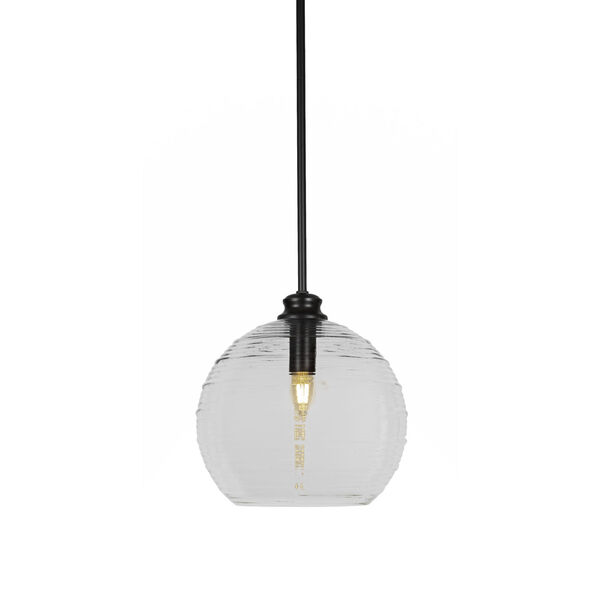 Malena Matte Black 12-Inch One-Light Stem Hung Pendant with Clear Ribbed Glass Shade, image 1