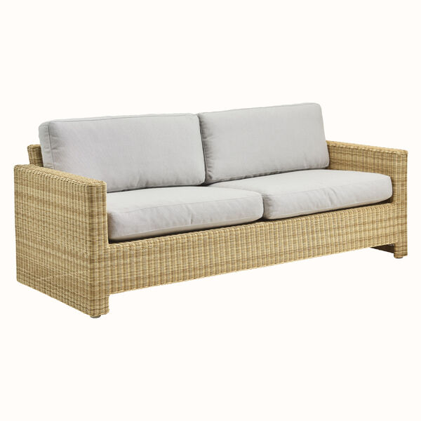 Sixty Natural and White Outdoor Three-Seater Sofa with Sunbrella Sailcloth Seagull Seat and Back Cushion, image 1