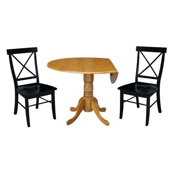 Oak and Black 42-Inch Dual Drop Leaf Dining Table with Two Cross Back Dining Chair, Three-Piece, image 3