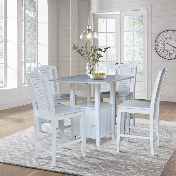Dual Drop Leaf Antiqued White Chalk Bistro Table with Storage and Four Counter Height Stools, image 2