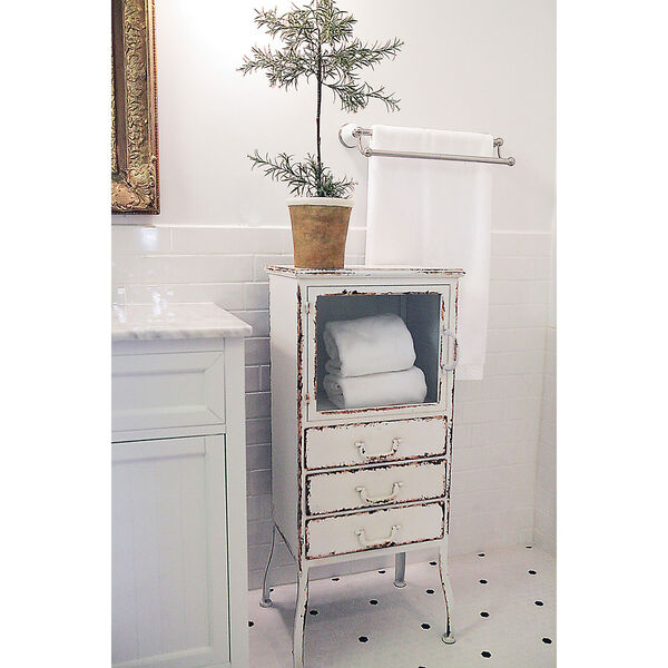 Distressed White Metal Cabinet with Three-Drawers, image 1