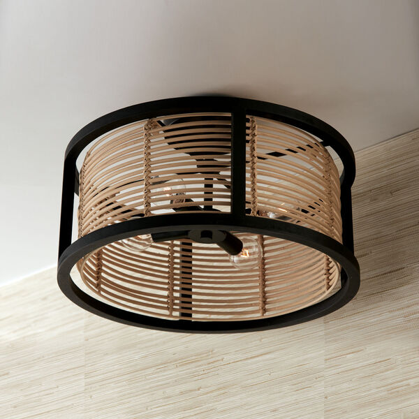 Rico Flat Black Four-Light Semi-Flush or Pendant Made with Handcrafted Mango Wood and Rattan, image 4