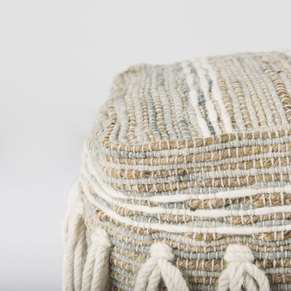 Avni Cream and Brown Hemp and Wool Fringed Pouf, image 5