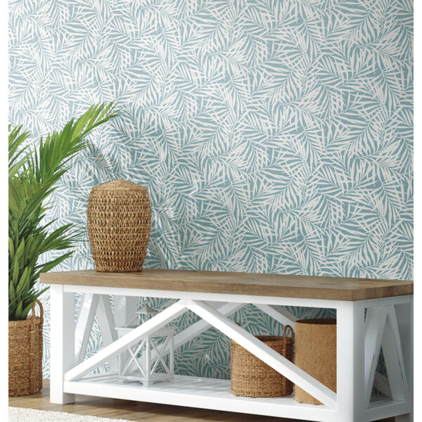 Waters Edge Light Blue White Oahu Fronds Pre Pasted Wallpaper, image 3