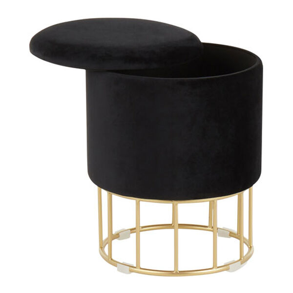 Canary Gold and Black Velvet Ottoman with Caged Metal Base, image 2